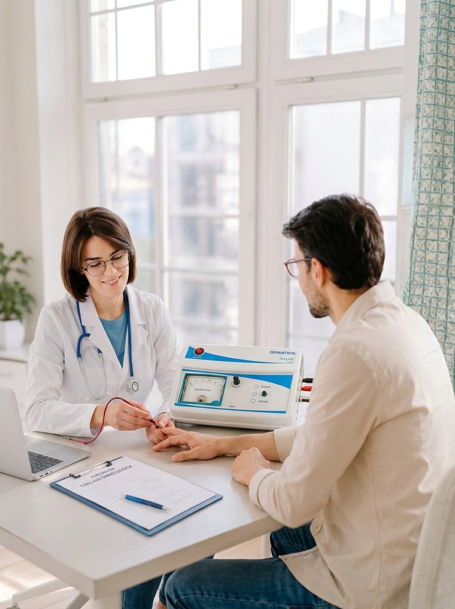 Doctora realizando una valoraci&oacute;n mediante Dermatron a un paciente