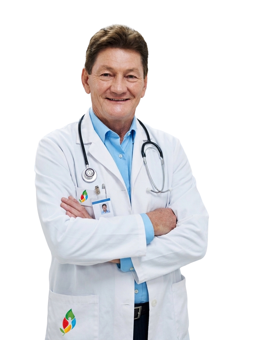Dr. Van Uden con bata blanca y fonendoscopio, de brazos cruzados