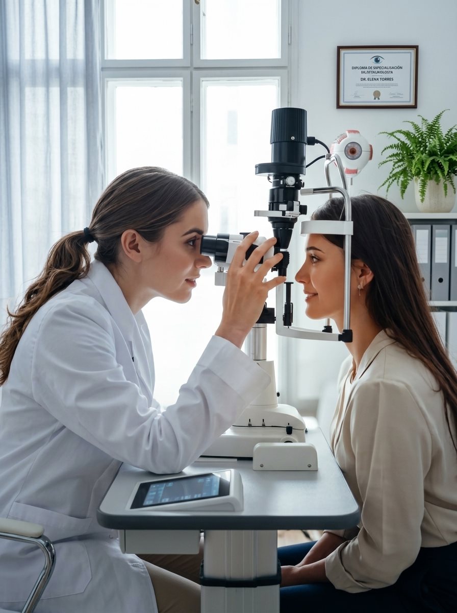 Doctora realizando una valoraci&oacute;n mediante Iridolog&iacute;a a una paciente