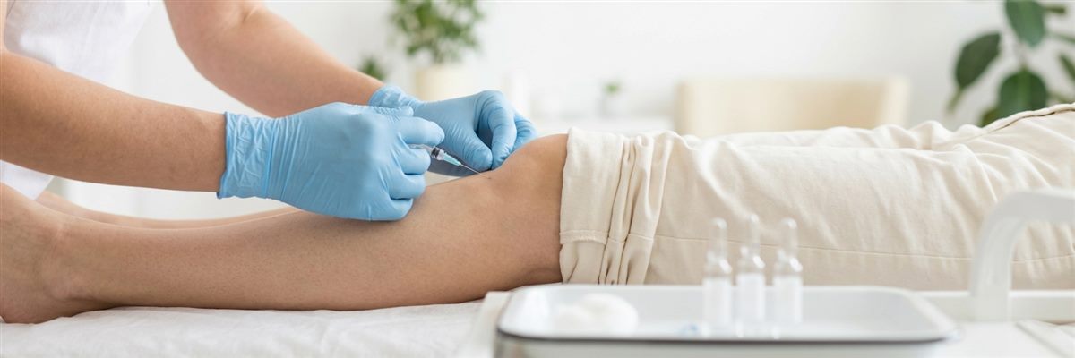 Profesional con guantes aplicando una peque&ntilde;a inyecci&oacute;n en la rodilla de un paciente