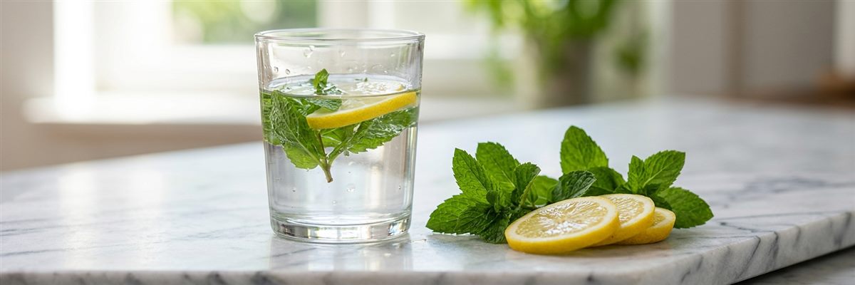 Vaso de agua con menta y rodajas de lim&oacute;n sobre superficie de m&aacute;rmol