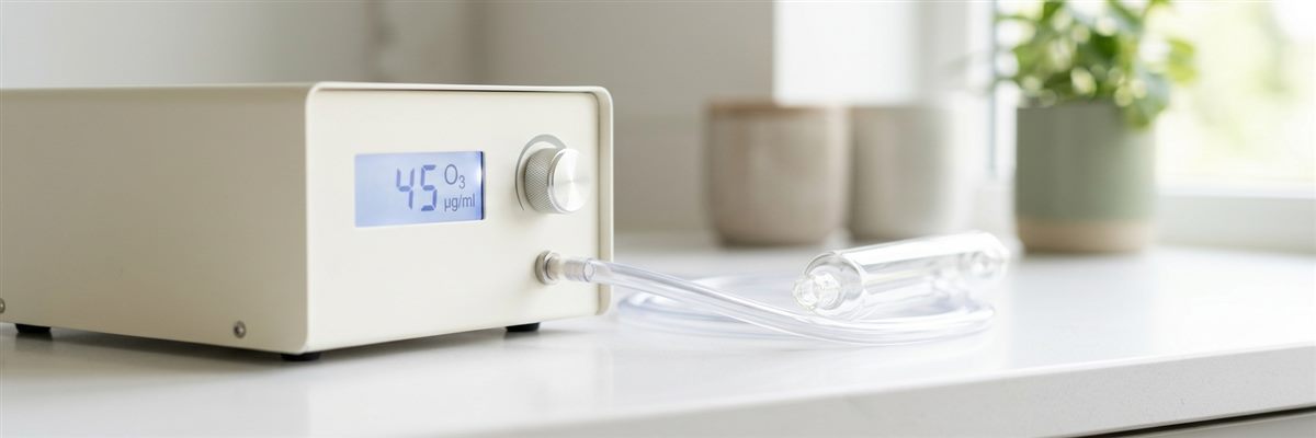 Equipo generador de ozono m&eacute;dico con pantalla y tubo conectado