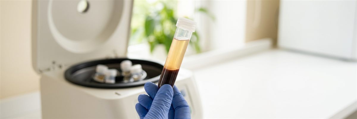 Tubo con plasma separado sostenido frente a una centr&iacute;fuga de laboratorio